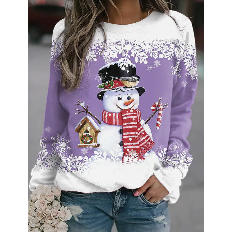 Women's Christmas Snowman Printed Long-sleeved Casual Loose Blouses