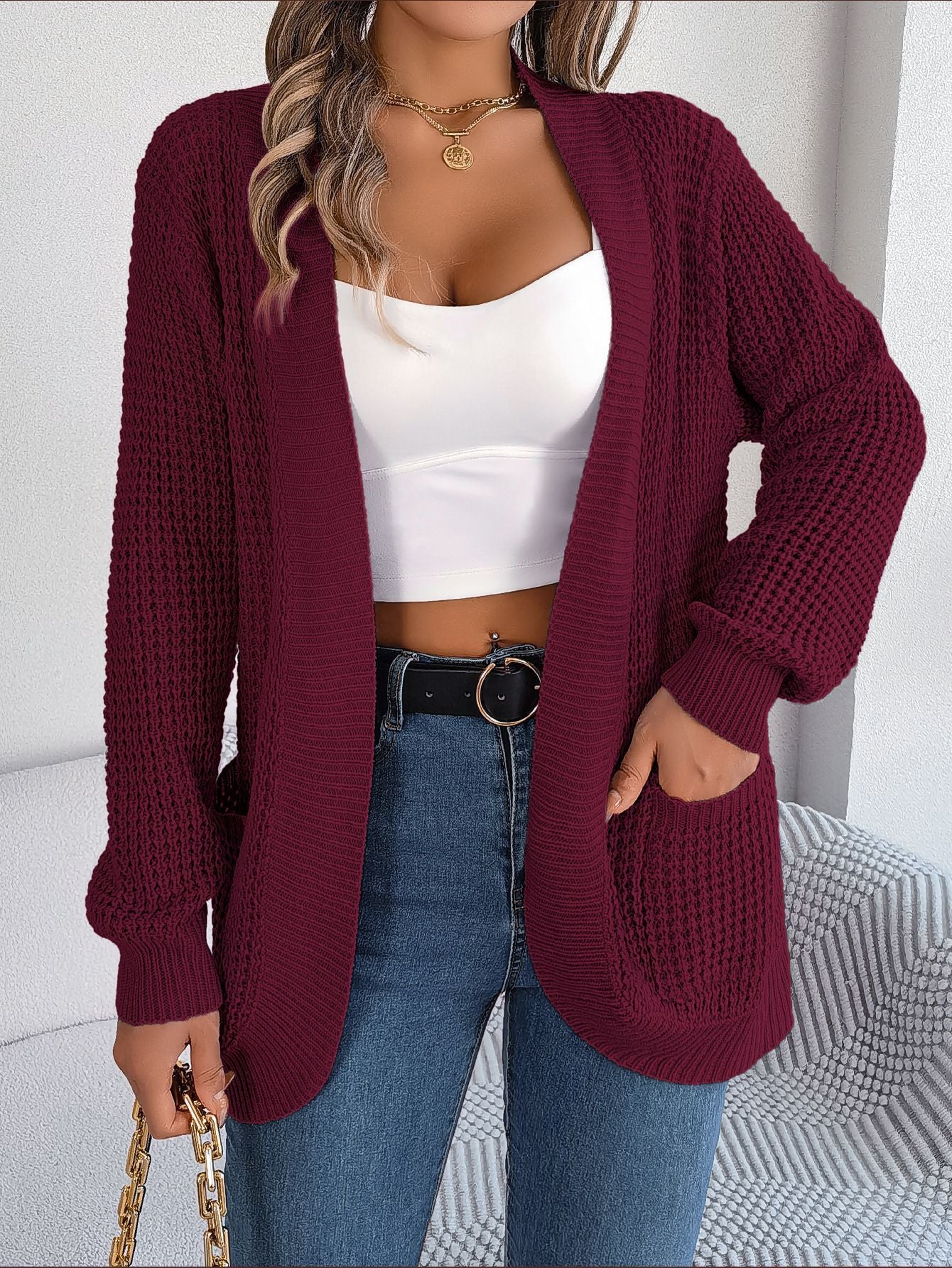 Women's Casual Pocket Long Sleeve Knitted Sweater
