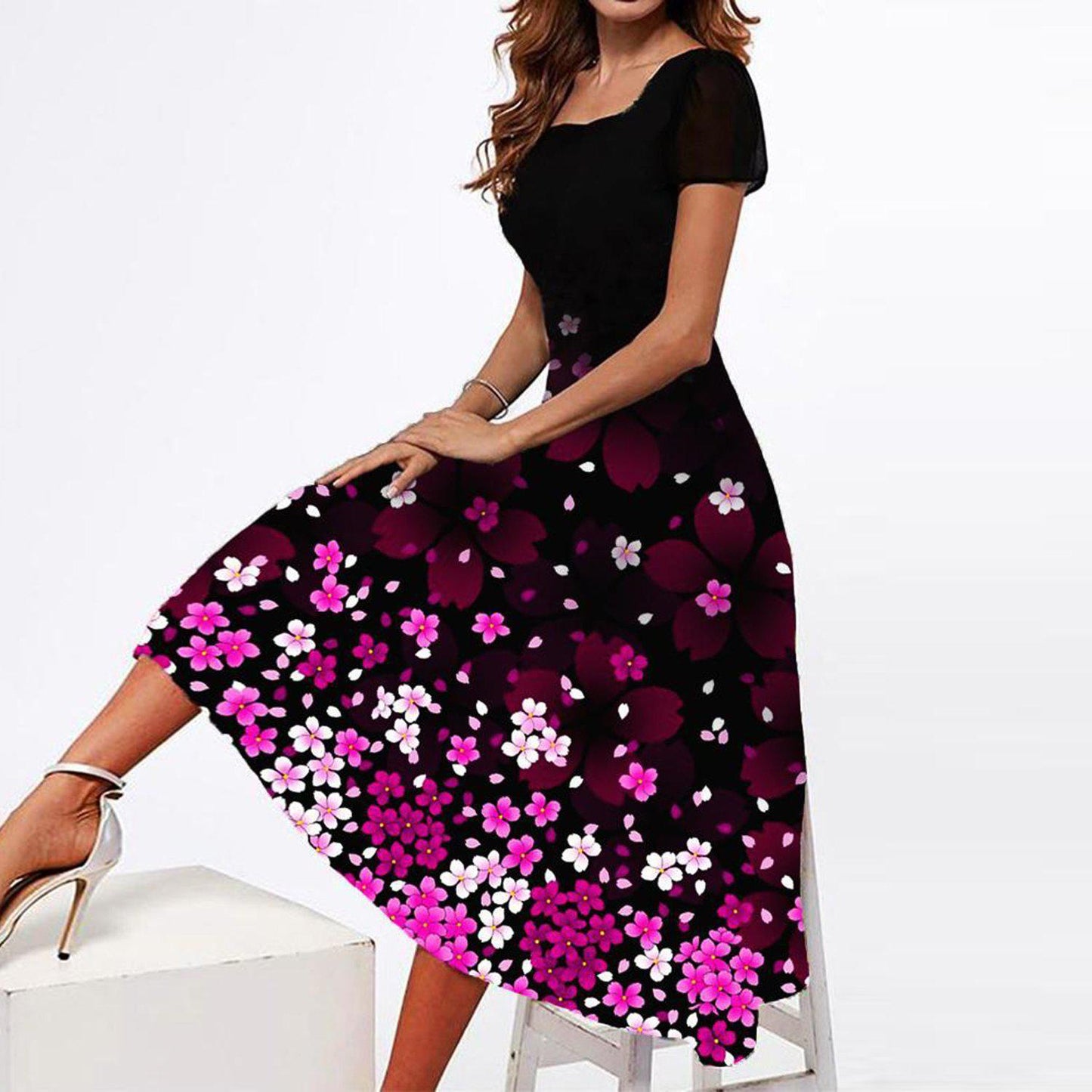 Women's Square Collar Sleeve Positioning Printed Dress Dresses