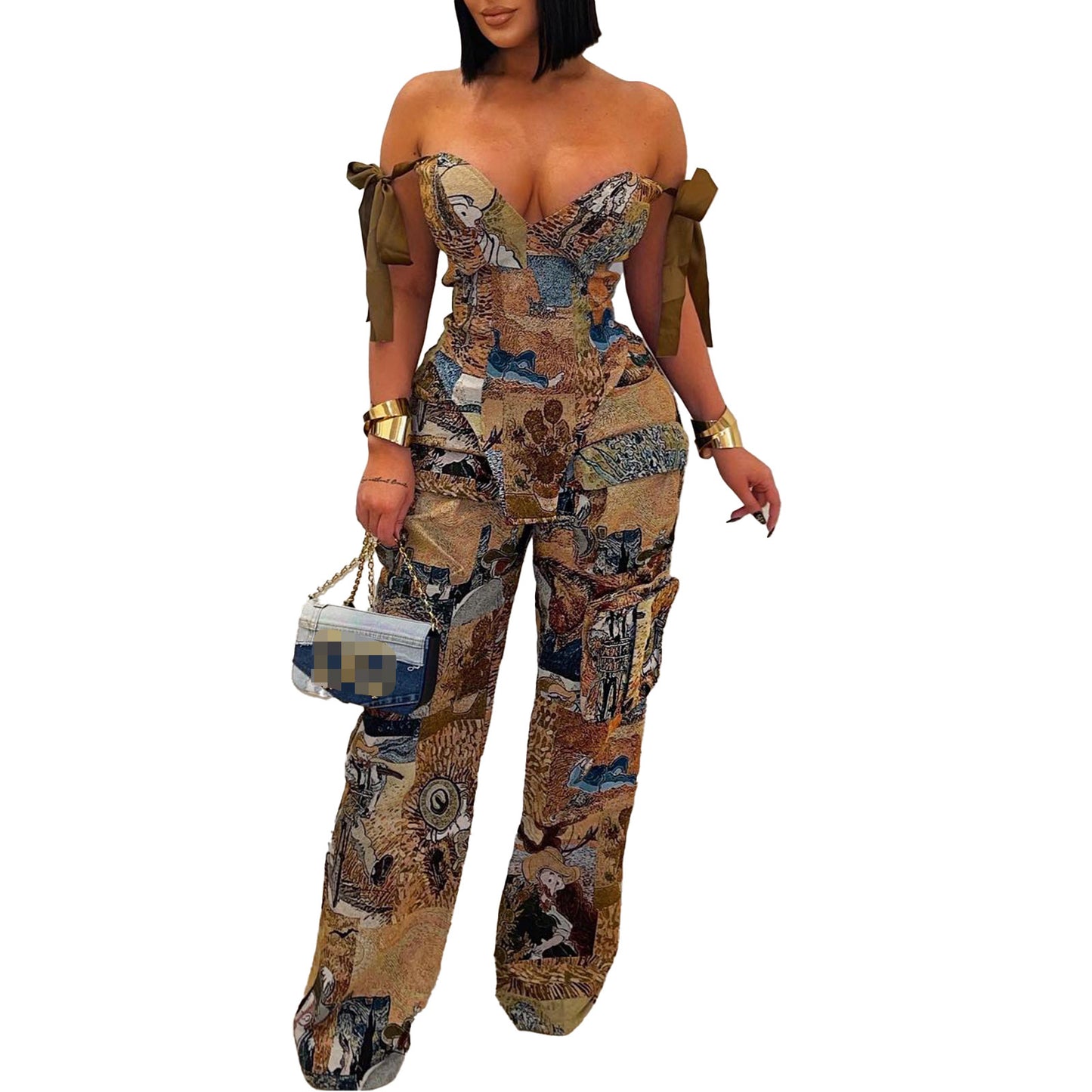 Printed Oil Painting Pattern Strap Drawstring Suits