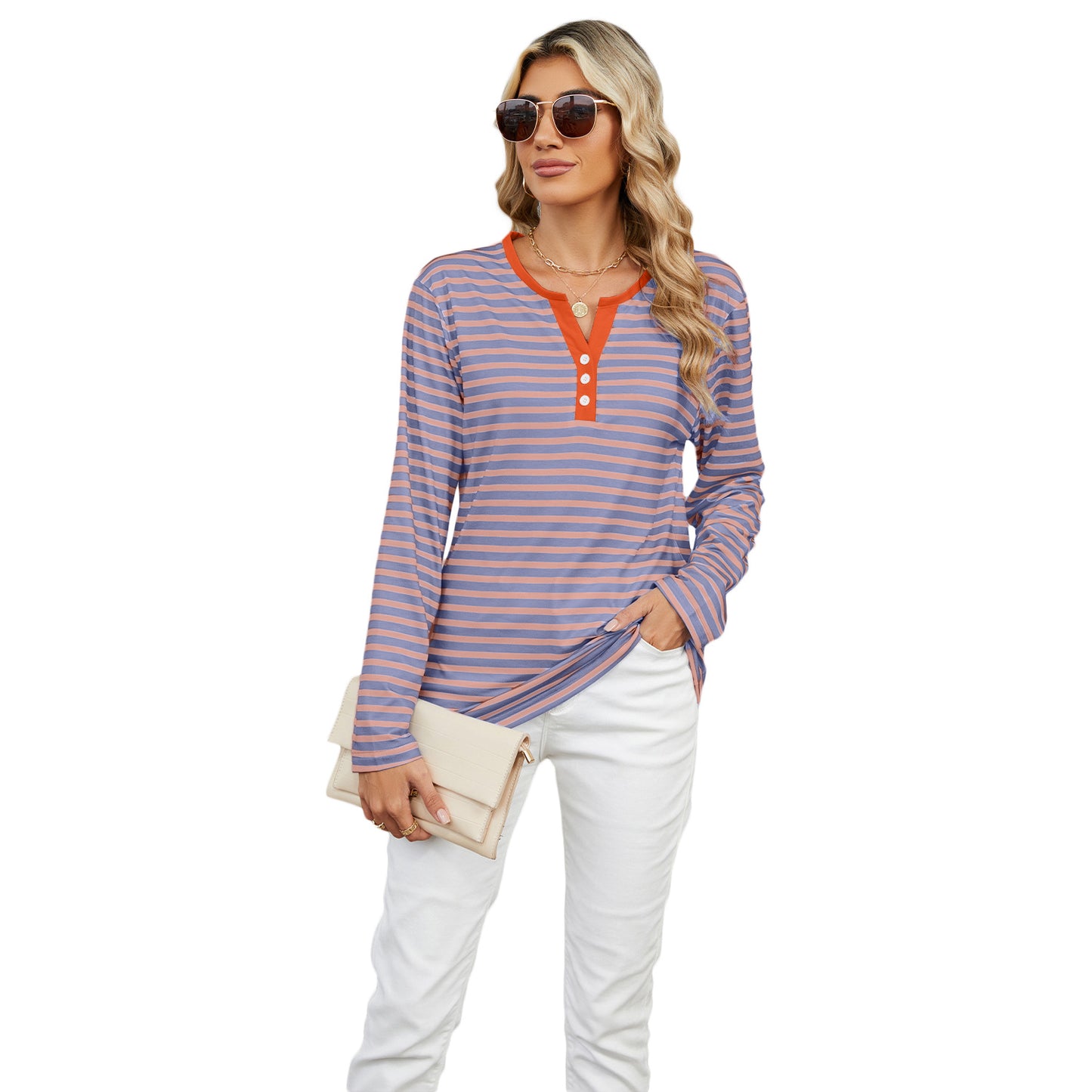 Women's Contrast Color Striped Loose Long Sleeve Blouses