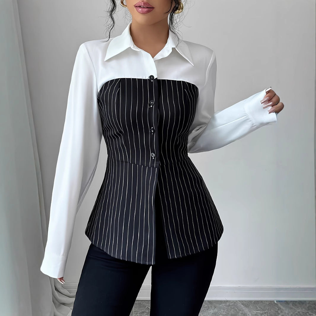 Popular Shirt Collar Single-breasted Patchwork Stripes Blouses