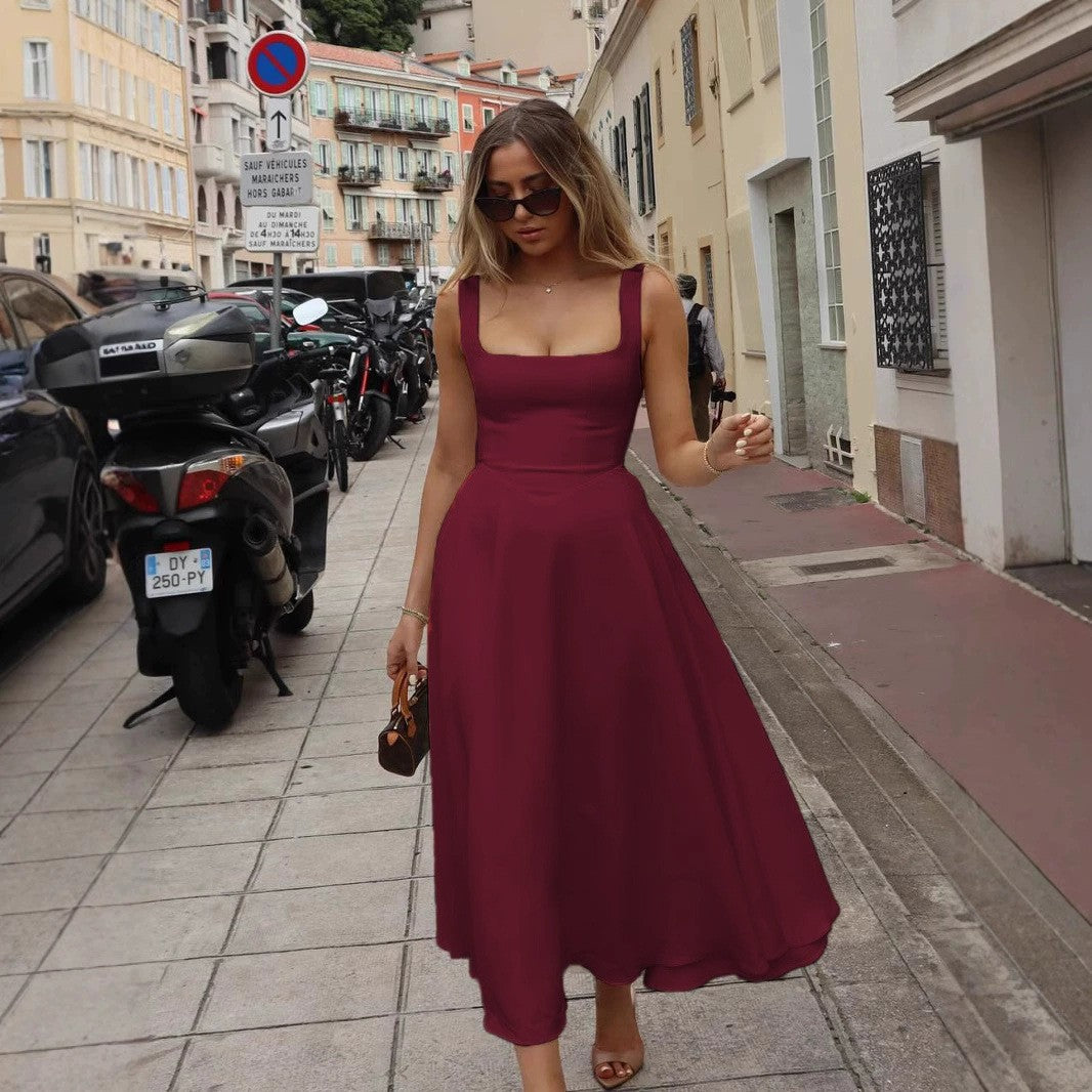 Women's Summer Temperament Square Collar Sleeveless Waist Trimming Dress