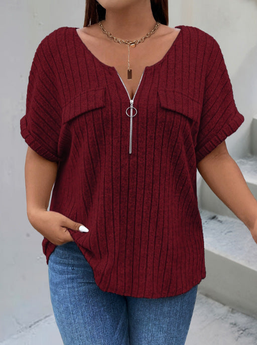 Women's Color Clothes Zipper Sleeve Faux Pocket Blouses