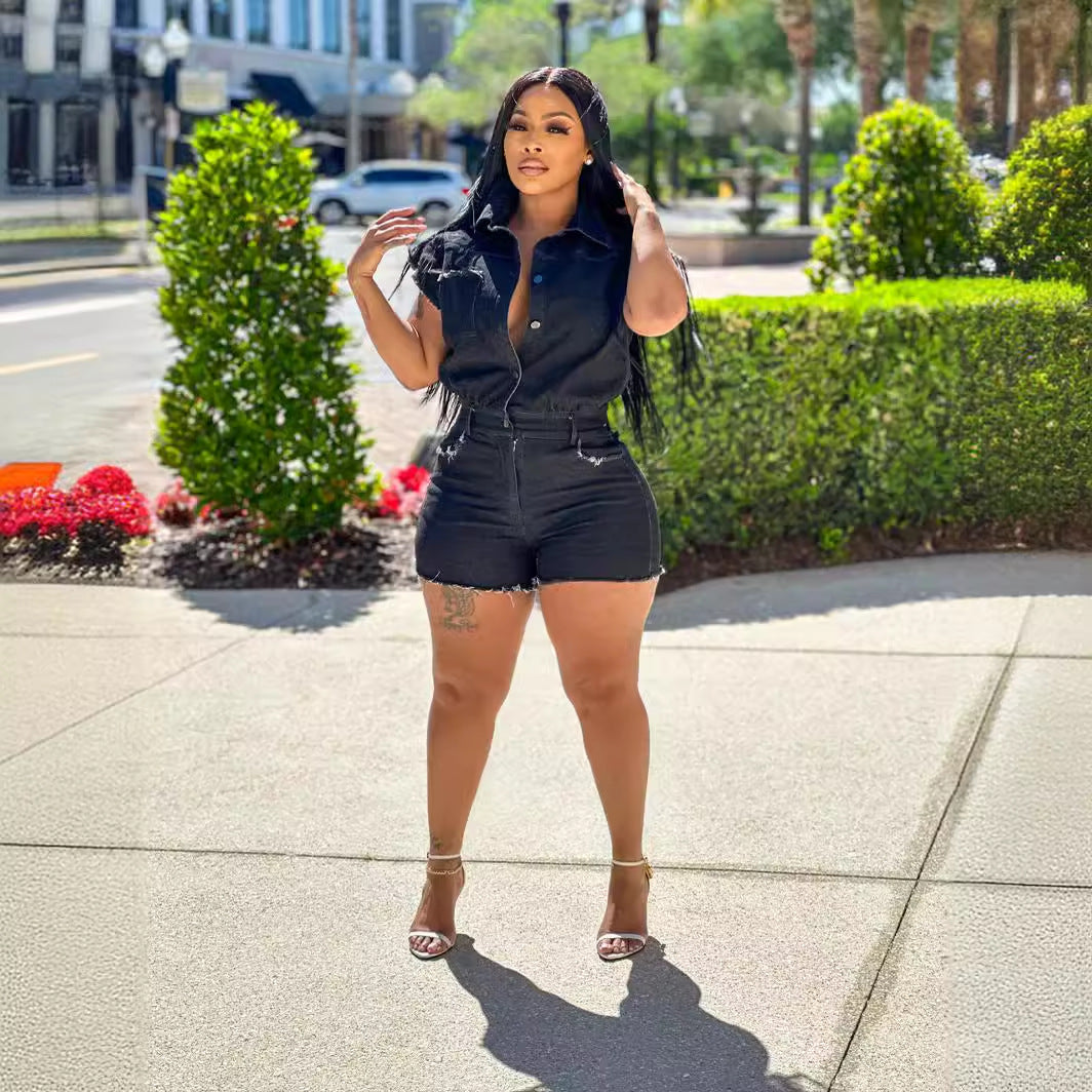 Women's Sexy Sleeve Stretch Denim One-piece Summer Jumpsuits