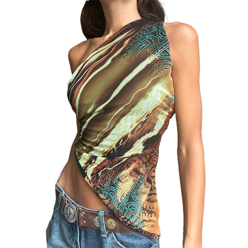 Women's Fashion Printed Shoulder Sleeve Bottom Slim Tops