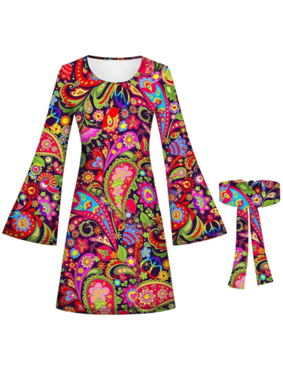 Halloween Generation Hippie Disco Festival Dress Headscarf Print Dresses