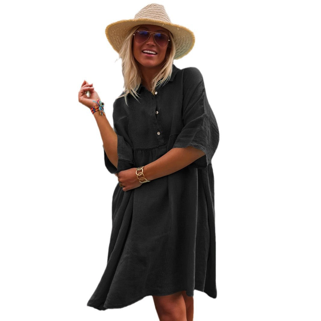 Women's Loose Solid Color Collar Holiday Casual Button Dresses