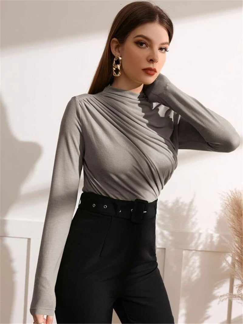 Small Turtleneck Design Pleating Versatile Long-sleeved Tops