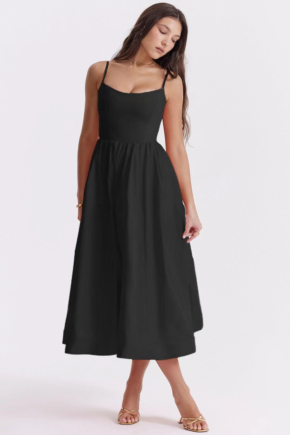 Women's Dopamine Solid Color Suspender Dress Waist Pleated Dresses