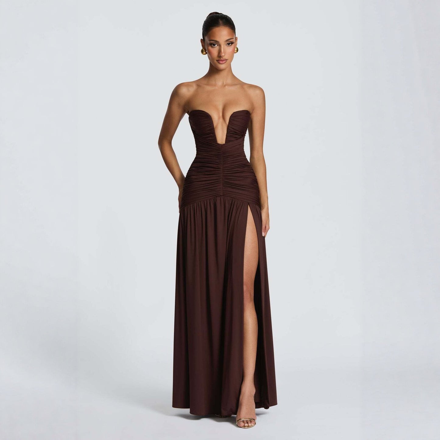 Women's Color Sexy Tube Pleated High Slit Tops