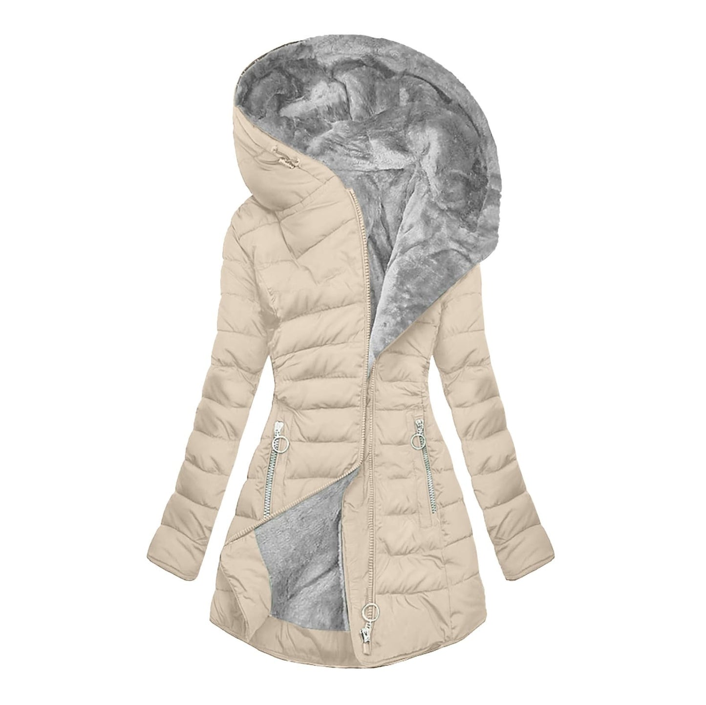 Women's Plush Hooded Mid-length Oblique Zipper Coats