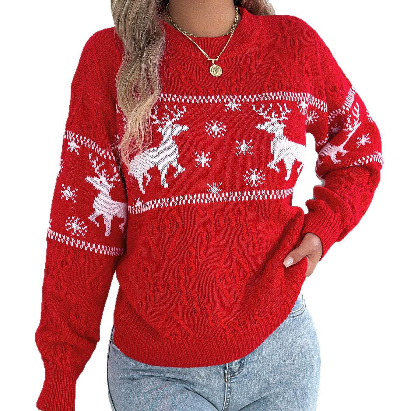 Women's Deer Pattern Lantern Long Sleeve Pullover Sweater
