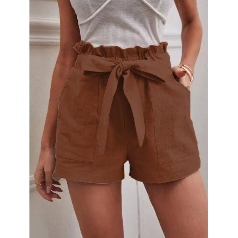 Women's Linen Leisure Pocket Solid Color Waist Shorts