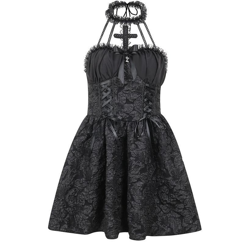 Women's Halloween Dress Winter Personality Cross Halter Dark Dresses