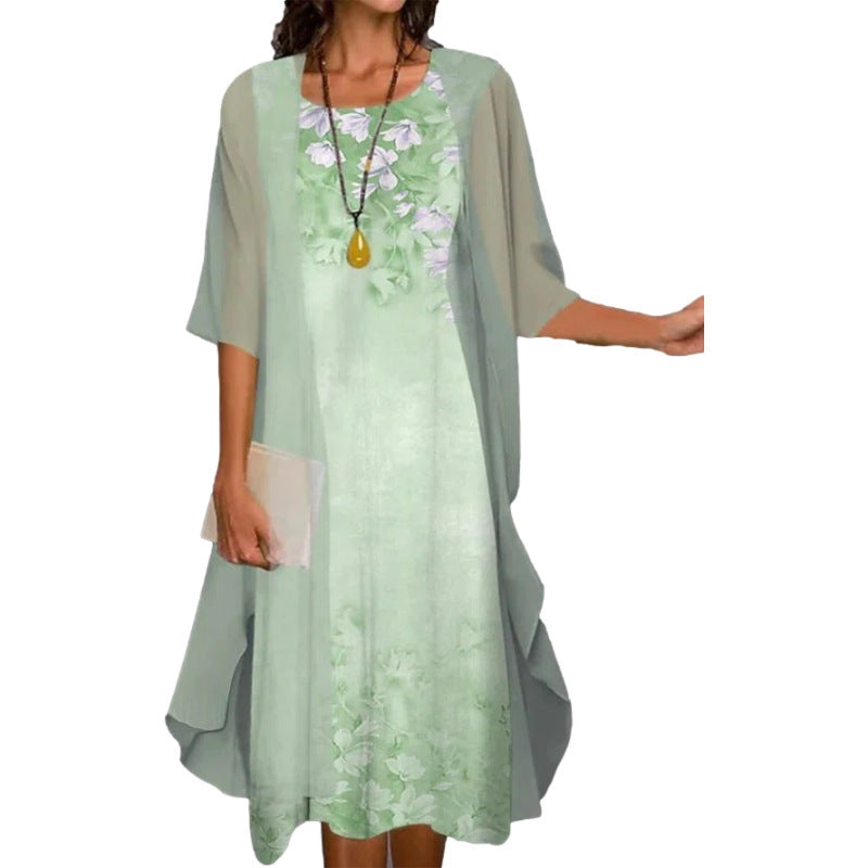 Women's Summer Casual Dress Two-piece Set Flowers Plants Printed Dresses