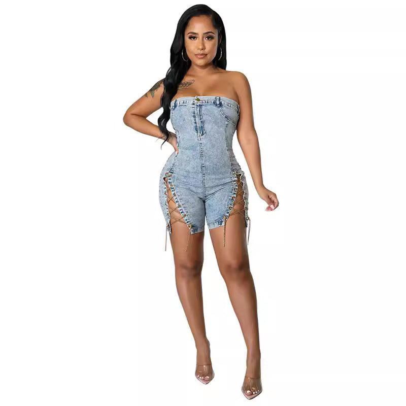 Women's Spring Wear Copper Chain Sexy Denim Jumpsuits