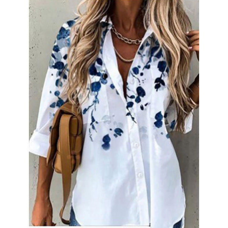 Women's Fashion Digital Printing Long Sleeve Shirt Blouses