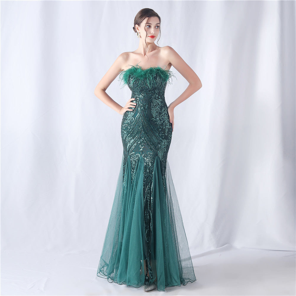 Ostrich Feather Positioning Flower Cutting Tube Evening Dresses