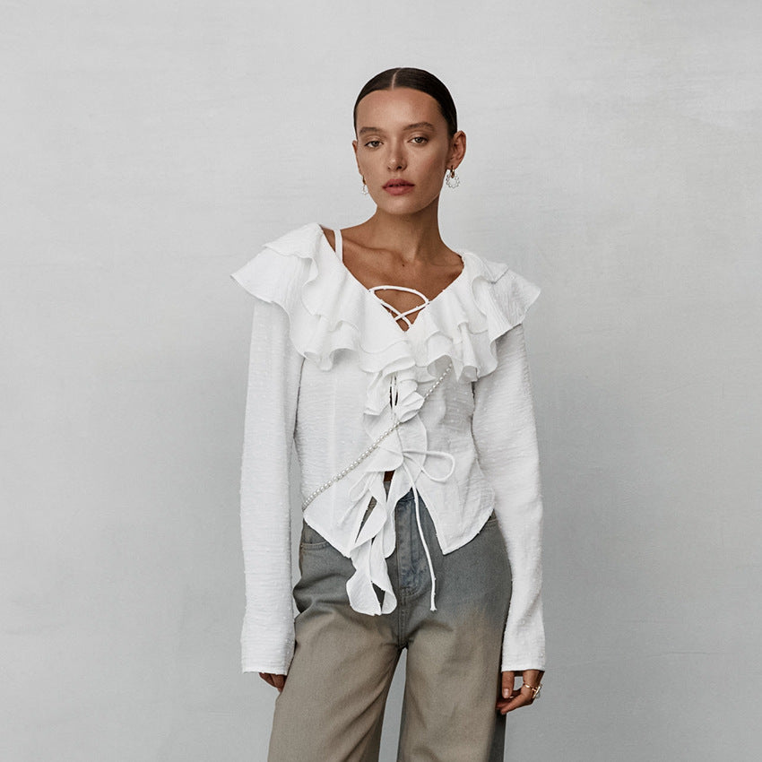 Women's Crepe Casual Ruffled Sexy Elegant Long Blouses