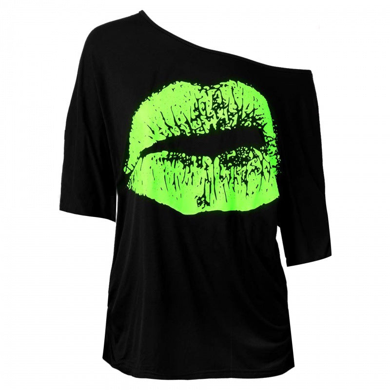 Women's Nostalgic Big Lip Printings Generation Shoulder Blouses