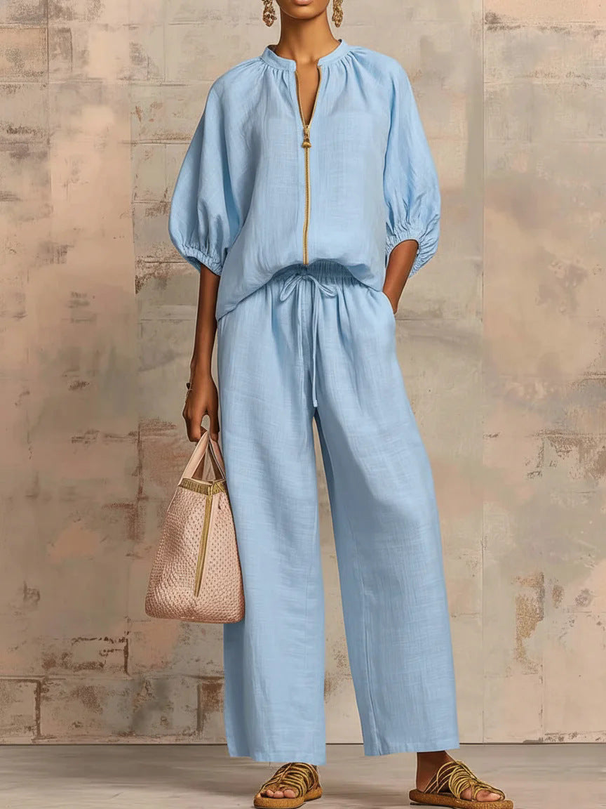 Loose Vacation Style Zipped Round Neck Wide Suits