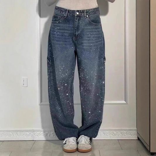 Women's American Street Style Rhinestone Straight Jeans