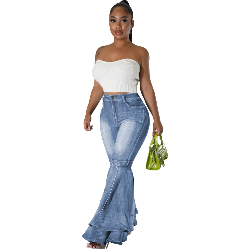 Casual Fashionable Washed Denim Stretch Flared Jeans