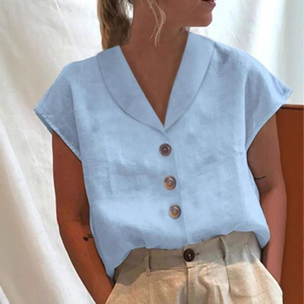 Women's Short-sleeved Solid Color Stand-up Collar Shirt Blouses