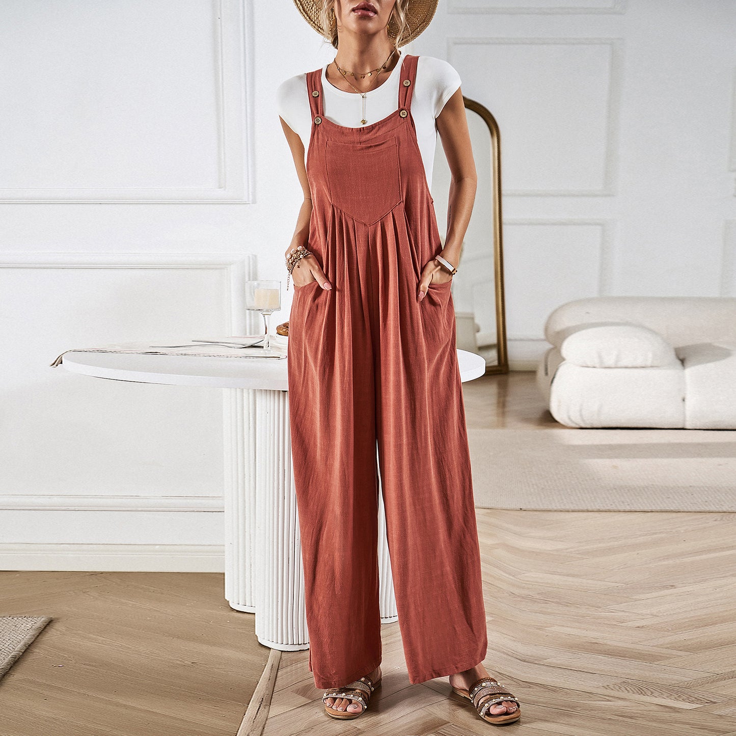 Women's Solid Color Suspender Summer Loose Wide Jumpsuits