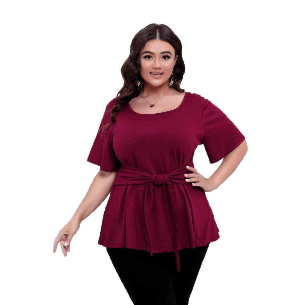 Women's Simple Short-sleeved Round Neck Waistband Slimming Blouses