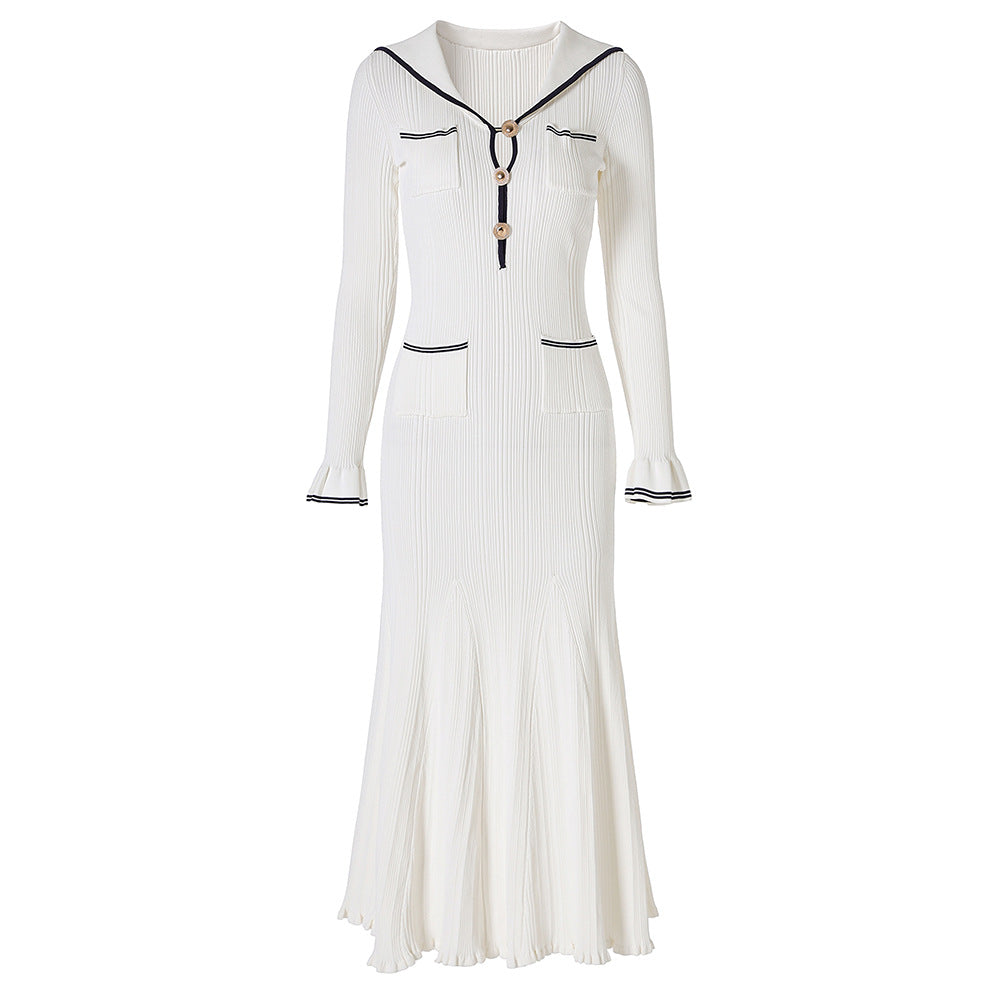 Sailor Collar Bell Sleeve Long Knitted Dress Golden Dresses