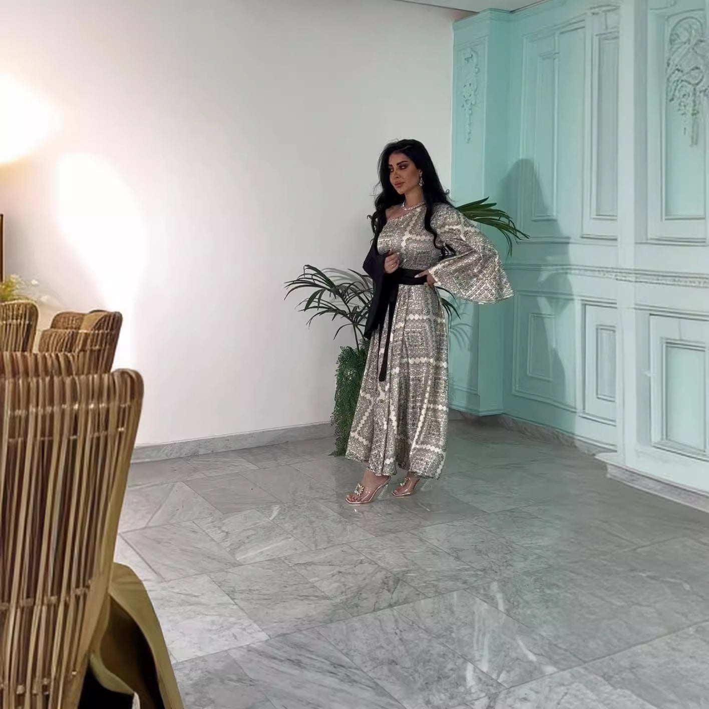 Women's Sexy Print Pleated Belt Stitching Prom Evening Dresses