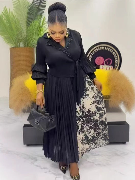 African Elegant Pleated Print Long Sleeve Suits