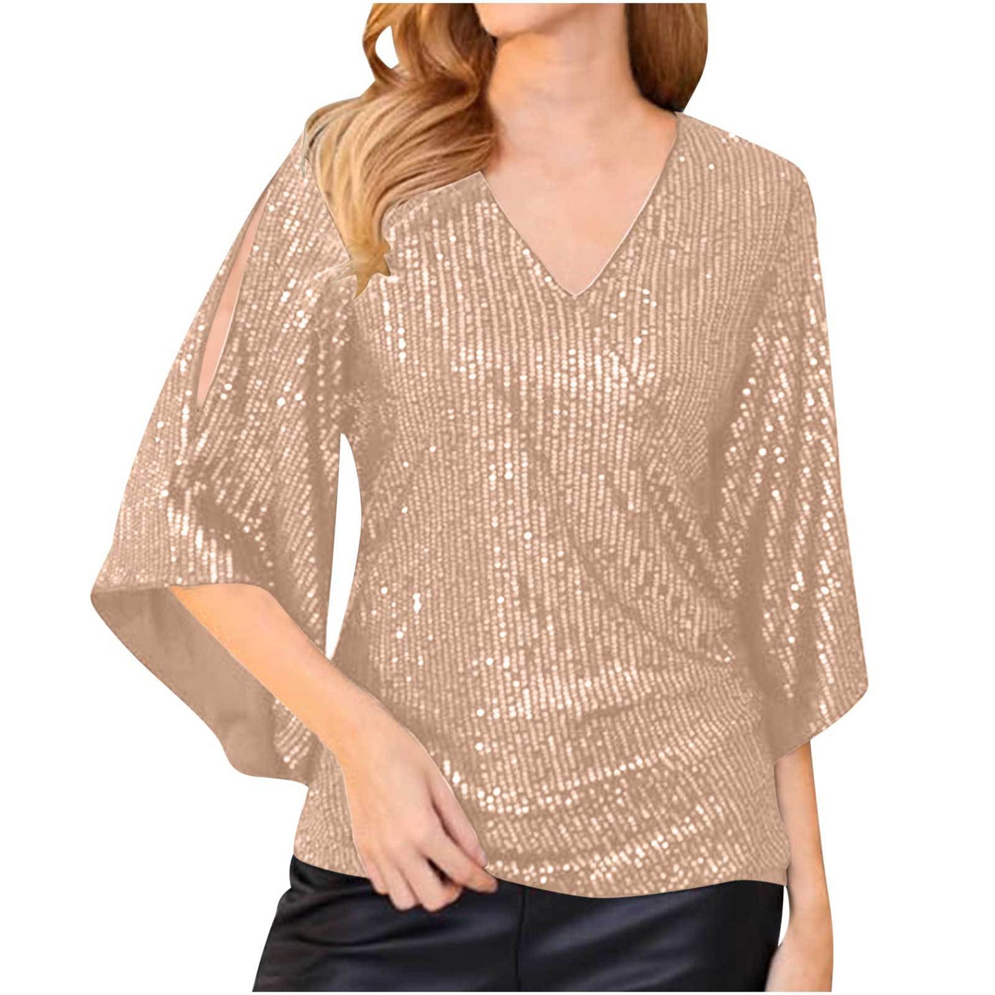 Women's Loose Mid-length Sequined T-shirt Short-sleeved Pullover Blouses