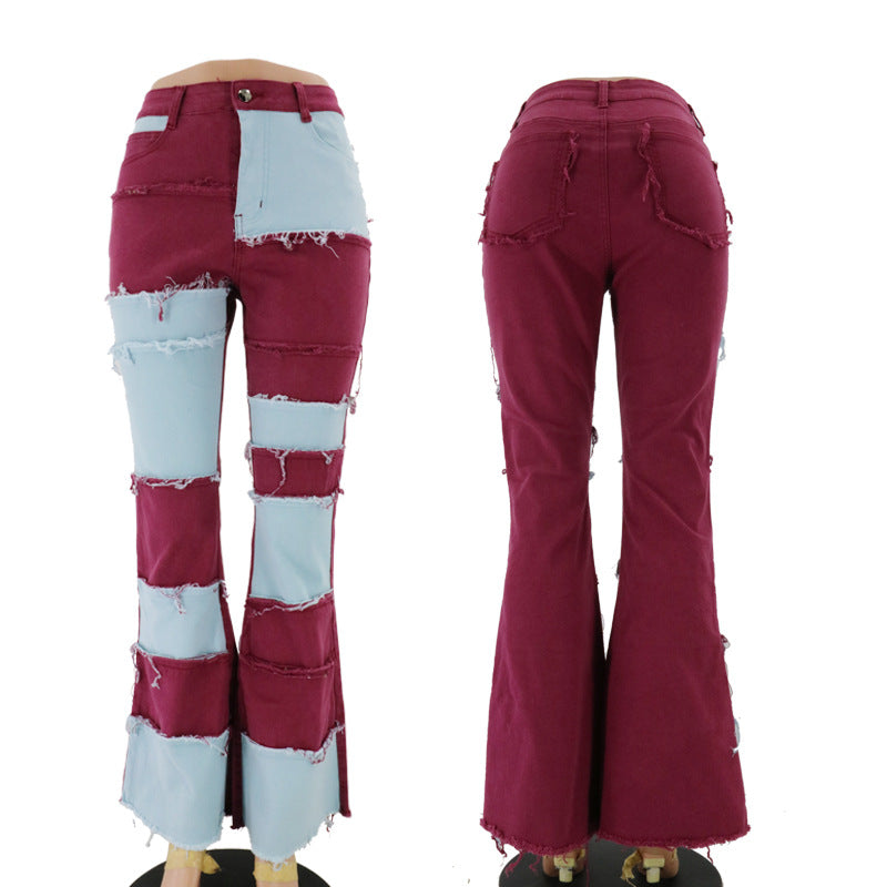 Women's Autumn Fashion Color Contrast Patchwork High Waist Jeans