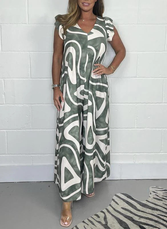 Women's Summer Ruffle Sleeve Trousers Printed Casual Jumpsuits