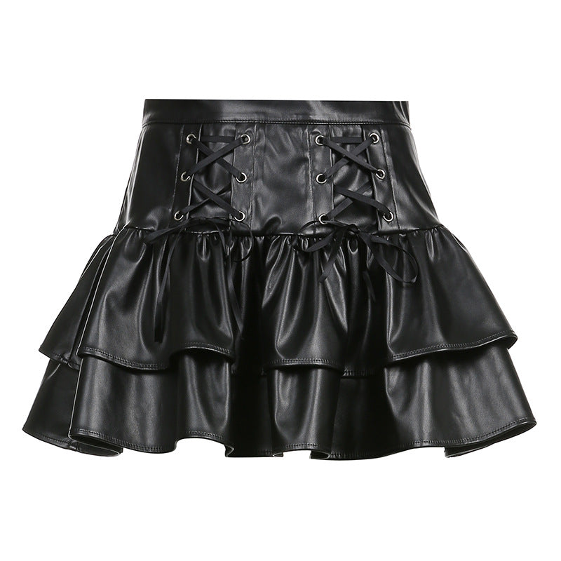 Dark Style Cross Slimming Leather Stitching Skirts