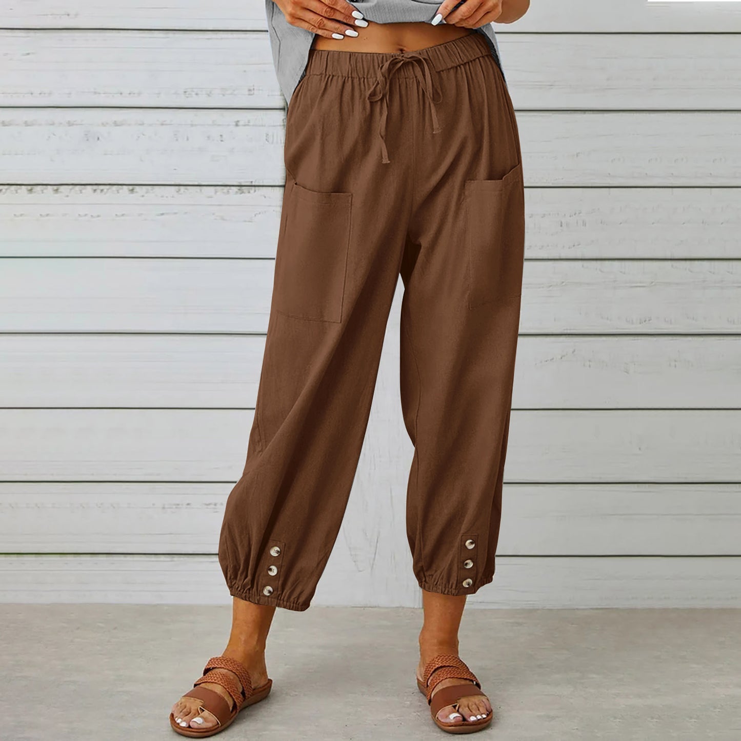 Women's High Waist Button Cotton Linen Trousers Pants