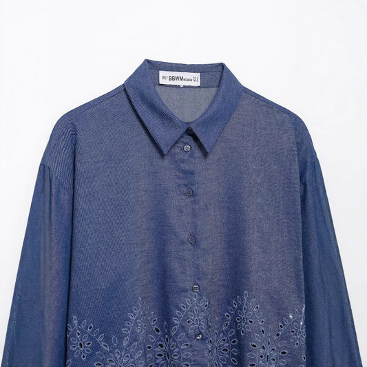 Women's Retro Design Embroidered Long-sleeved Casual Shirt Blouses