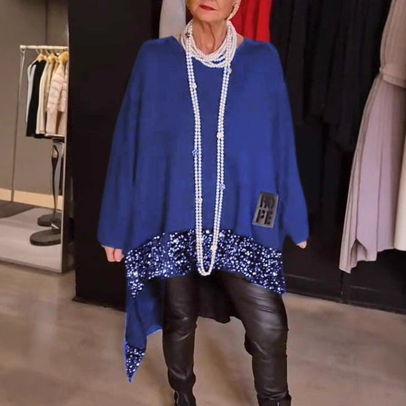 Irregular Hem Sequin Stitching Round Neck Blouses