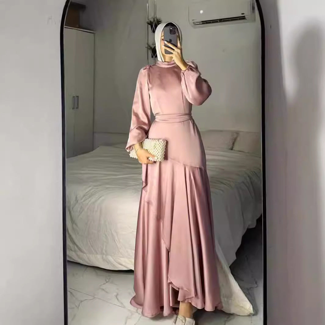 Women's Wear Satin Pure Color Ruffles Large Dresses