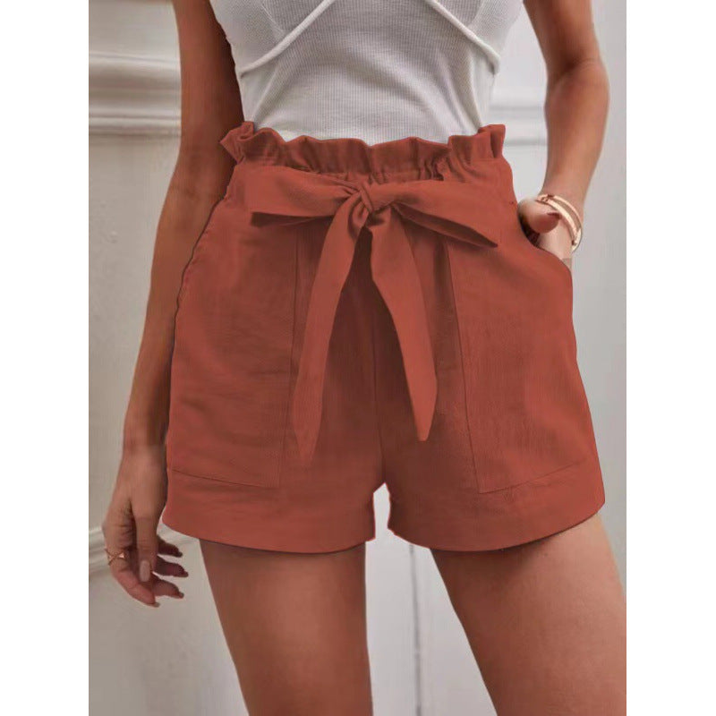 Women's Linen Leisure Pocket Solid Color Waist Shorts