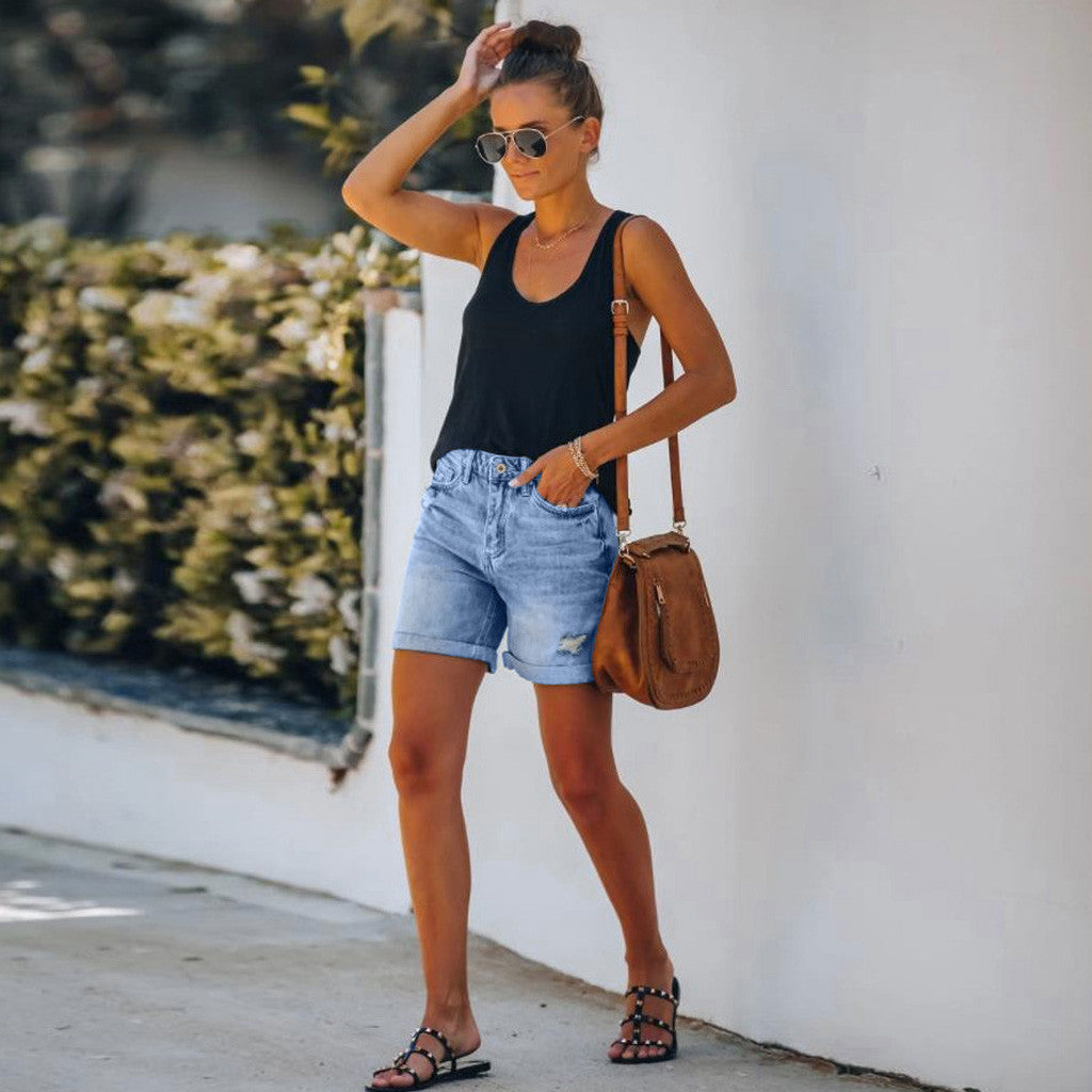 Women's Waist Tassel Ripped Denim Hot Straight Shorts
