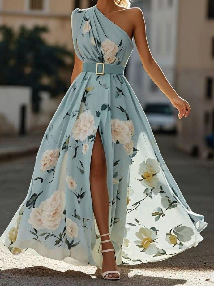 Women's Oblique Shoulder Digital Printing Sleeveless Belt Dresses
