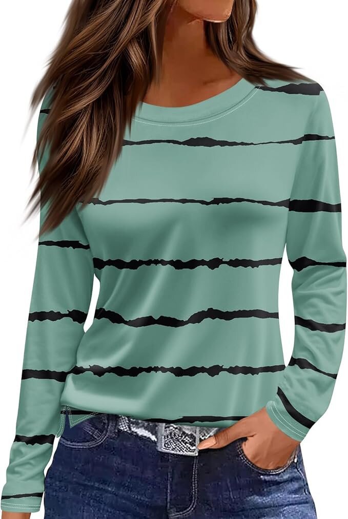 Women's Round Neck Printed Solid Color Long Blouses