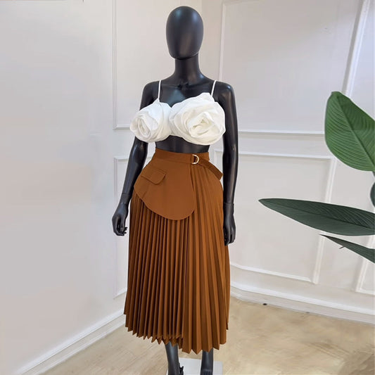 Women's Summer High Waist Irregular Lace Up Pleated Skirts