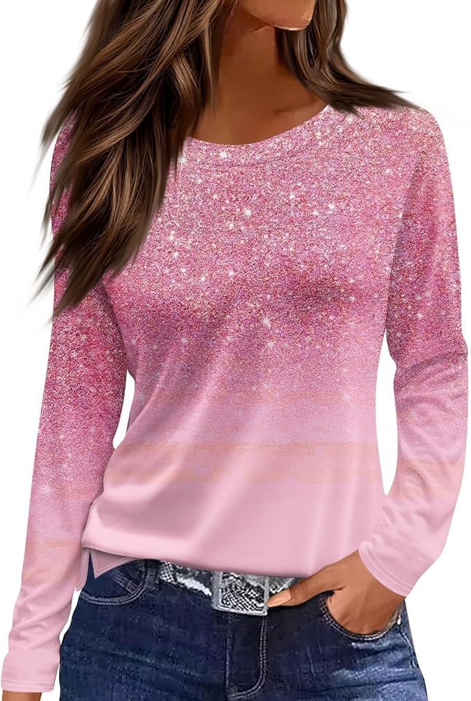 Women's Round Neck Printed Solid Color Long Blouses