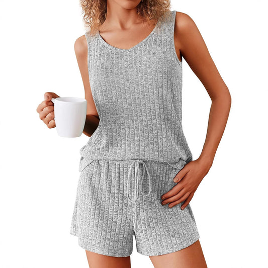 Women's Sleeveless Pajamas Rib Knitted Summer Suits