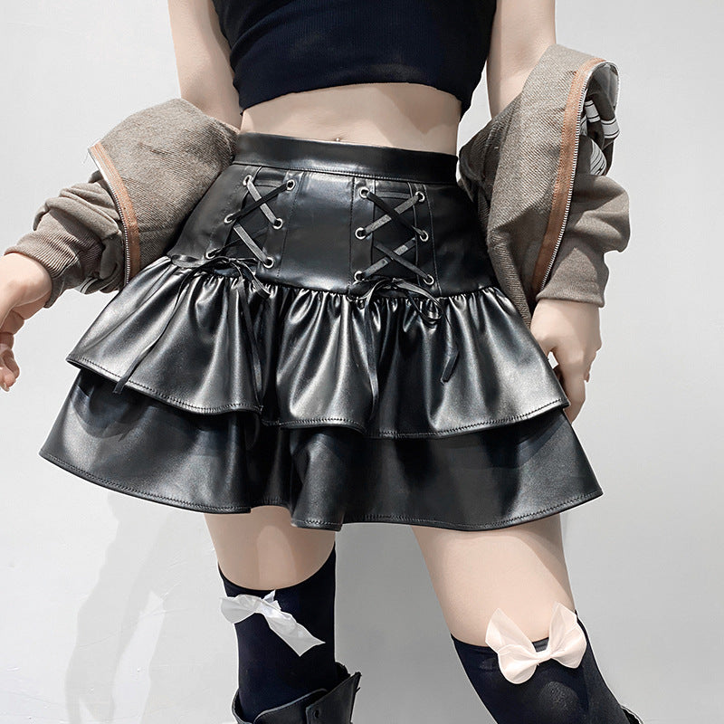 Dark Style Cross Slimming Leather Stitching Skirts